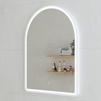 *Clearance* Arco Arch 800mm x 800mm Frontlit LED Framed Mirror with Demister, Matte White Frame