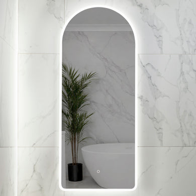 Arco Arch 500mm x 1200mm Frontlit and Backlit LED Frameless Mirror with Frosted Glass Border and Demister