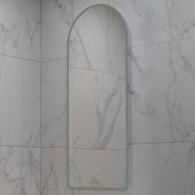 Arco Arch 500mm x 1200mm Frontlit and Backlit LED Frameless Mirror with Frosted Glass Border and Demister