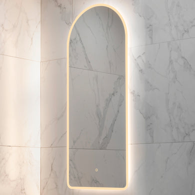 Arco Arch 500mm x 1200mm Frontlit and Backlit LED Frameless Mirror with Frosted Glass Border and Demister