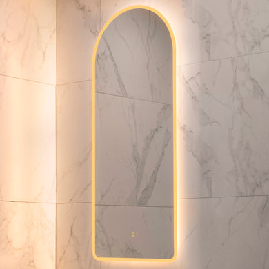 Arco Arch 500mm x 1200mm Frontlit and Backlit LED Frameless Mirror with Frosted Glass Border and Demister
