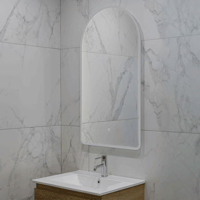 Arco Arch 550mm x 1000mm Frontlit and Backlit LED Frameless Mirror with Frosted Glass Border and Demister
