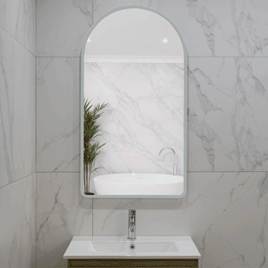 Arco Arch 550mm x 1000mm Frontlit and Backlit LED Frameless Mirror with Frosted Glass Border and Demister