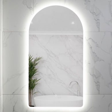 Arco Arch 550mm x 1000mm Frontlit and Backlit LED Frameless Mirror with Frosted Glass Border and Demister