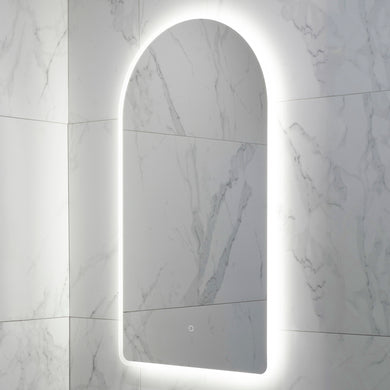 Arco Arch 550mm x 1000mm Frontlit and Backlit LED Frameless Mirror with Frosted Glass Border and Demister