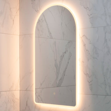 Arco Arch 550mm x 1000mm Frontlit and Backlit LED Frameless Mirror with Frosted Glass Border and Demister
