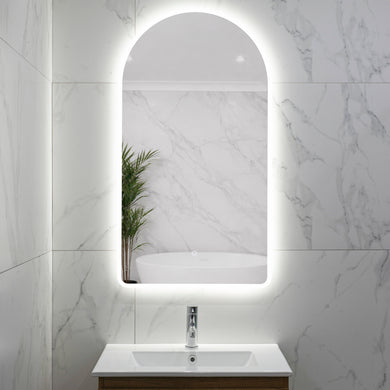 Arco Arch 550mm x 1000mm Frontlit and Backlit LED Frameless Mirror with Frosted Glass Border and Demister