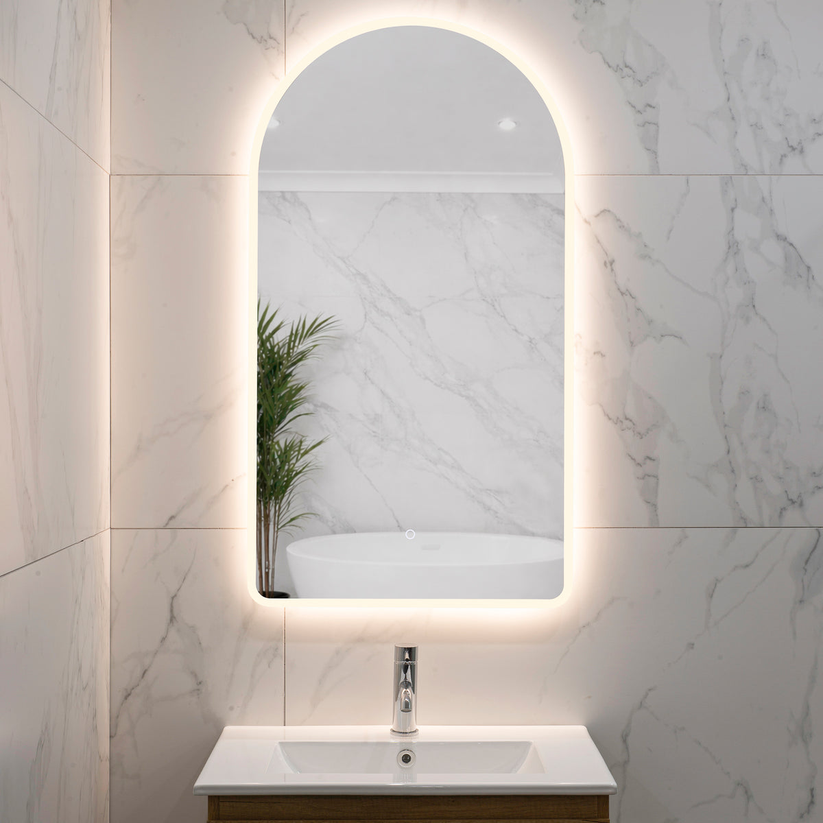 Arco Arch 550mm x 1000mm Frontlit and Backlit LED Frameless Mirror with Frosted Glass Border and Demister