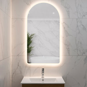 Arco Arch 550mm x 1000mm Frontlit and Backlit LED Frameless Mirror with Frosted Glass Border and Demister