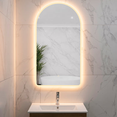 Arco Arch 550mm x 1000mm Frontlit and Backlit LED Frameless Mirror with Frosted Glass Border and Demister