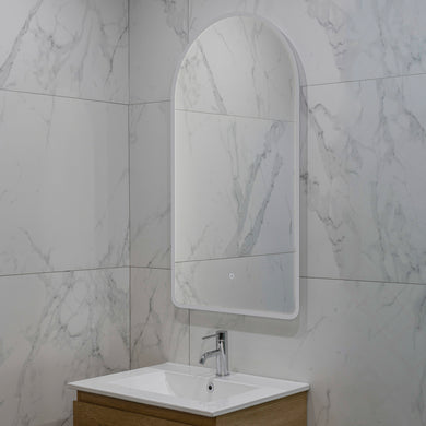 Arco Arch 550mm x 1000mm Frontlit and Backlit LED Frameless Mirror with Frosted Glass Border and Demister