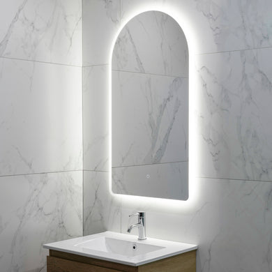Arco Arch 550mm x 1000mm Frontlit and Backlit LED Frameless Mirror with Frosted Glass Border and Demister