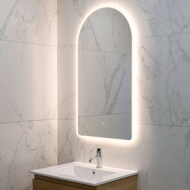 Arco Arch 550mm x 1000mm Frontlit and Backlit LED Frameless Mirror with Frosted Glass Border and Demister