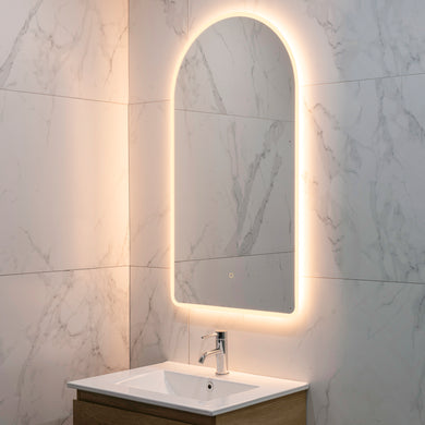 Arco Arch 550mm x 1000mm Frontlit and Backlit LED Frameless Mirror with Frosted Glass Border and Demister