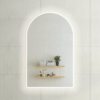 Arco Arch 750mm x 1200mm Frontlit and Backlit LED Frameless Mirror with Frosted Glass Border and Demister