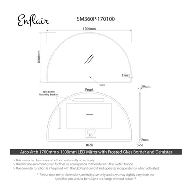 Arco Arch 1700mm x 1000mm Frontlit and Backlit LED Frameless Mirror with Frosted Glass Border and Demister