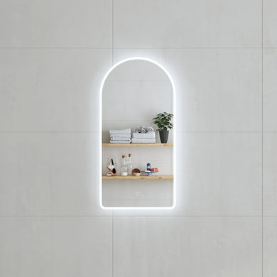 Arco Arch 400mm x 800mm Frontlit and Backlit LED Frameless Mirror with Frosted Glass Border and Demister