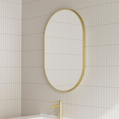 *Clearance* Pill Oval 500mm x 800mm Framed Mirror, Brushed Brass (Gold) Frame