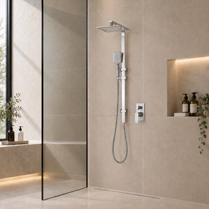 Retto Square Twin Shower System with Adjustable Rail and 250mm Head, Polished Chrome