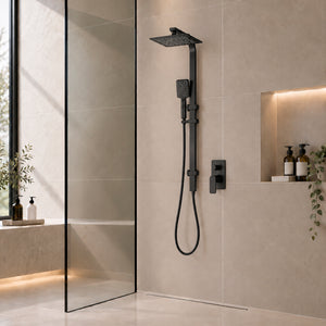 Retto Square Twin Shower System with Adjustable Rail and 250mm Head, Matte Black