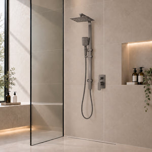 Retto Square Twin Shower System with Adjustable Rail and 250mm Head, Brushed Gunmetal