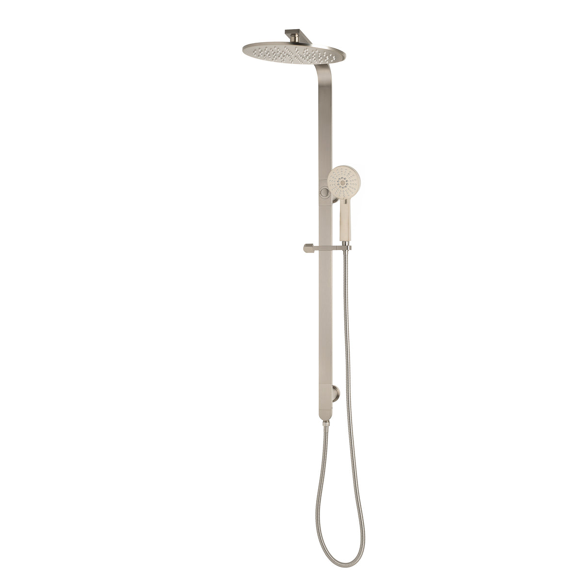 Jena Round Twin Shower System with Adjustable Rail, Push Button Diverter and 250mm Head, Brushed Nickel