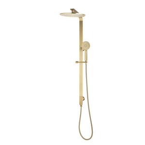 Jena Round Twin Shower System with Adjustable Rail, Push Button Diverter and 250mm Head, Brushed Brass (Gold)