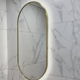 Pill Oval 500mm x 1000mm Backlit LED Framed Mirror with Demister, Brushed Brass (Gold) Frame