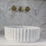 Kyklos Groove Round Fluted 395mm Above-Counter Marble Basin, Honed Carrara
