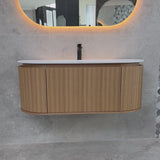 *Clearance* Apri Oval 1200mm Fluted Vanity Cabinet with Single Bowl Artificial Stone Top, Light Oak