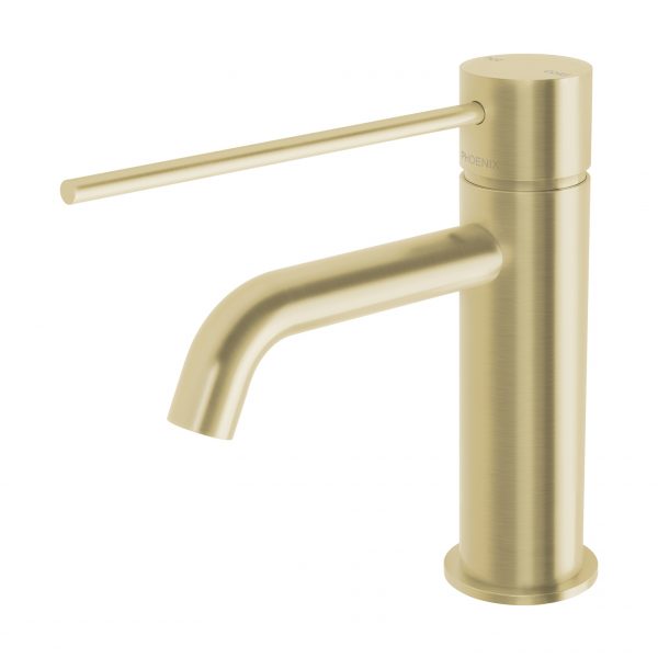 Phoenix Vivid Slimline Basin Mixer Curved Outlet With Extended Lever, Brushed Gold