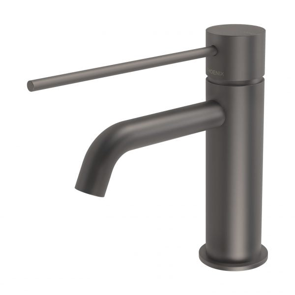 Phoenix Vivid Slimline Basin Mixer Curved Outlet With Extended Lever, Gunmetal