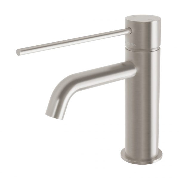 Phoenix Vivid Slimline Basin Mixer Curved Outlet With Extended Lever, Brushed Nickel