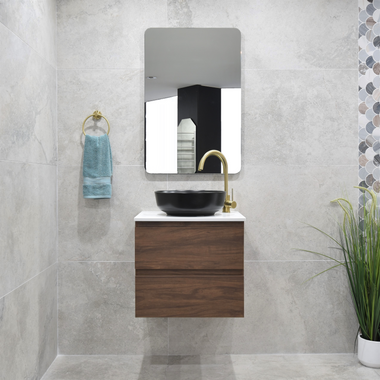 Alles 600mm acacia ash woodgrain vanity, stone counter top, dove above counter basin, and frameless mirror with polished edge and rounded corners