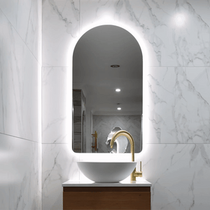 Arco Arch 550mm x 1000mm Frontlit and Backlit LED Frameless Mirror with Frosted Glass Border and Demister *Clearance Stock*