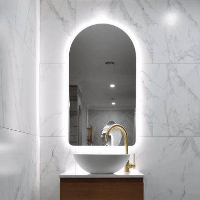 *Clearance* Arco Arch 550mm x 1000mm Frontlit and Backlit LED Frameless Mirror with Frosted Glass Border and Demister