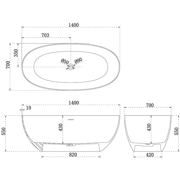 Byron Egg Artificial Stone Freestanding Bath | 5 sizes from 1300mm to 1700mm, Matte White |