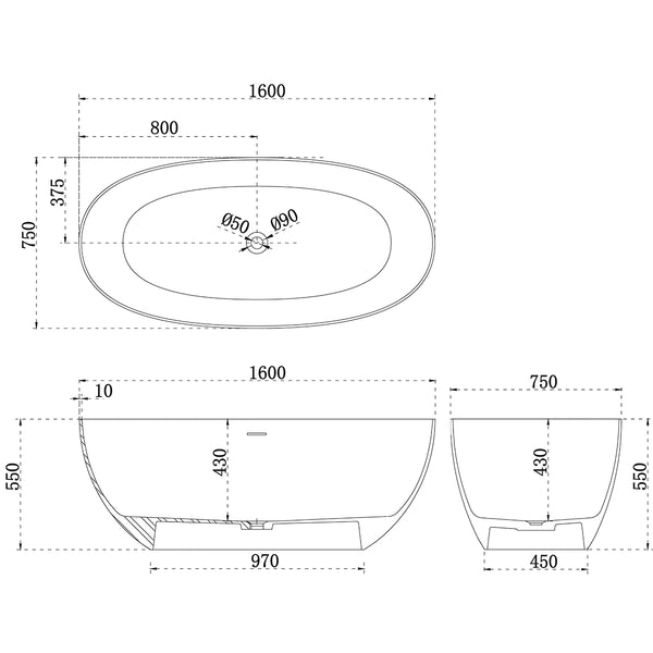 Byron Egg Artificial Stone Freestanding Bath | 5 sizes from 1300mm to 1700mm, Matte White |