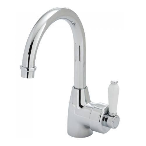 Fienza Eleanor Gooseneck Basin Mixer I Chrome I Ceramic White Flick Mixer Handle