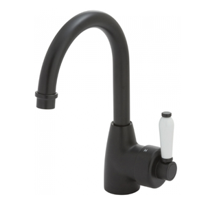 Fienza Eleanor Gooseneck Basin Mixer I Matt Black I Ceramic White Flick Mixer Handle