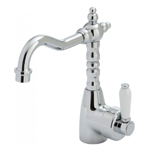 Fienza Eleanor Shepherds Crook Basin Mixer I Chrome I Ceramic White Flick Mixer Handle
