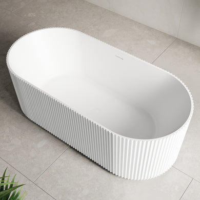Brighton Groove 1700mm Fluted Oval Artificial Stone Freestanding Bath, Matte White