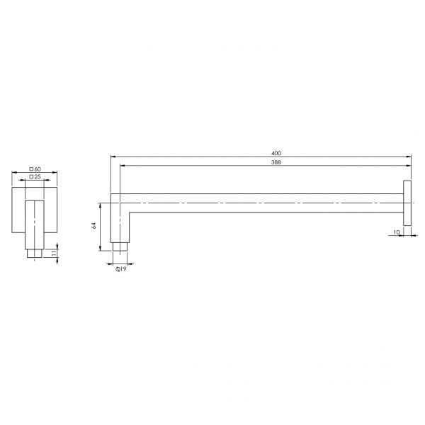 Phoenix Lexi Shower Arm 400mm Square | Brushed Nickel |