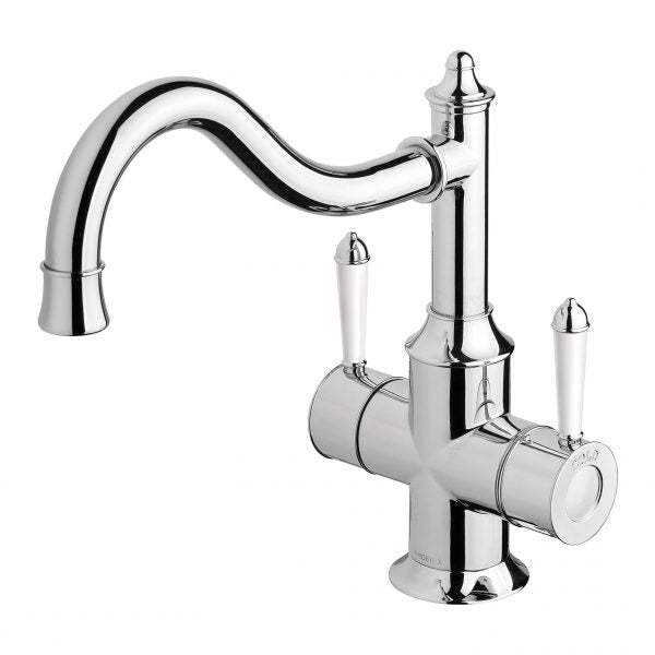 Phoenix Nostalgia Twin Handle Sink Mixer 230mm Shepherds Crook, Chrome/ White