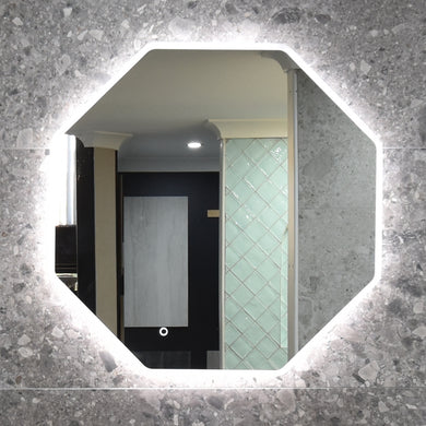 Ocho Octagonal 8-sided 888mm Frontlit and Backlit LED Frameless Mirror with Frosted Glass Border and Demister *Clearance Stock*
