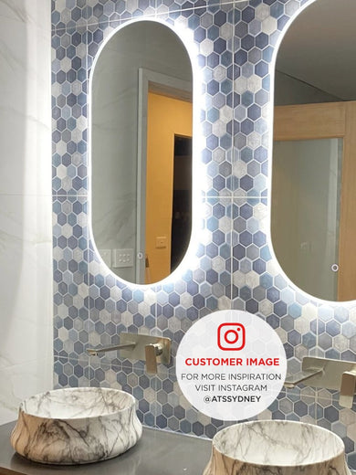 Pill Oval 450mm x 900mm Frontlit and Backlit LED Frameless Mirror with Frosted Glass Border and Demister