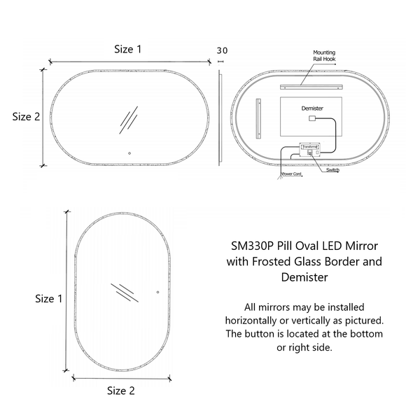 Pill Oval LED Mirror with Frosted Glass Border and Demister | 12 sizes available, from 400mm to 1800mm |
