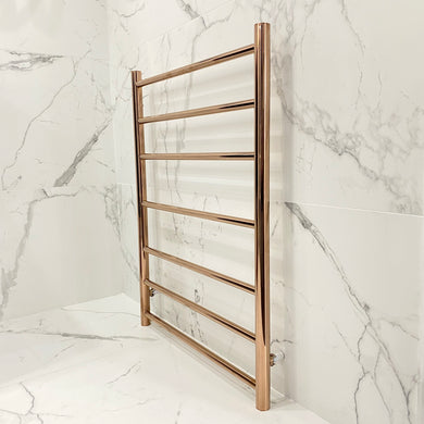 Profile Straight Round Ladder 600mm x 800mm x 122mm 7 Bar Heated Towel Rail, Polished Rose Gold