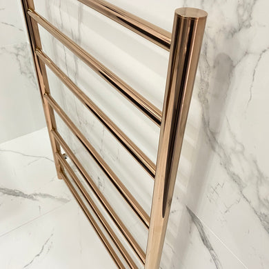 Profile Straight Round Ladder 600mm x 800mm x 122mm 7 Bar Heated Towel Rail, Polished Rose Gold