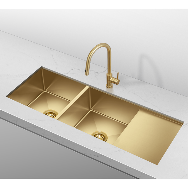 Retto 1190mm x 450mm x 230mm Stainless Steel Double Sink with Drainer | Brushed Brass (gold) |